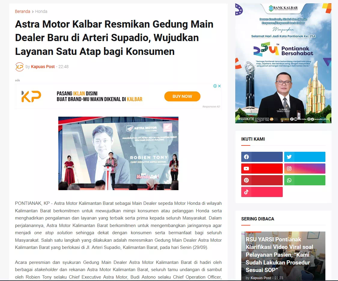 Astra Motor Kalbar Resmikan Gedung Main Dealer Baru di Arteri Supadio, Wujudkan Layanan Satu Atap bagi Konsumen