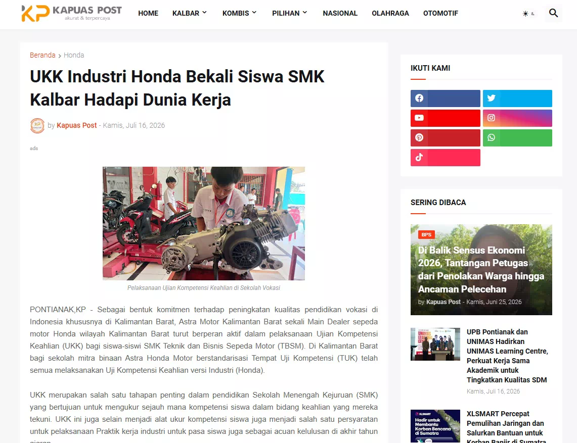 UKK Industri Honda Bekali Siswa SMK Kalbar Hadapi Dunia Kerja