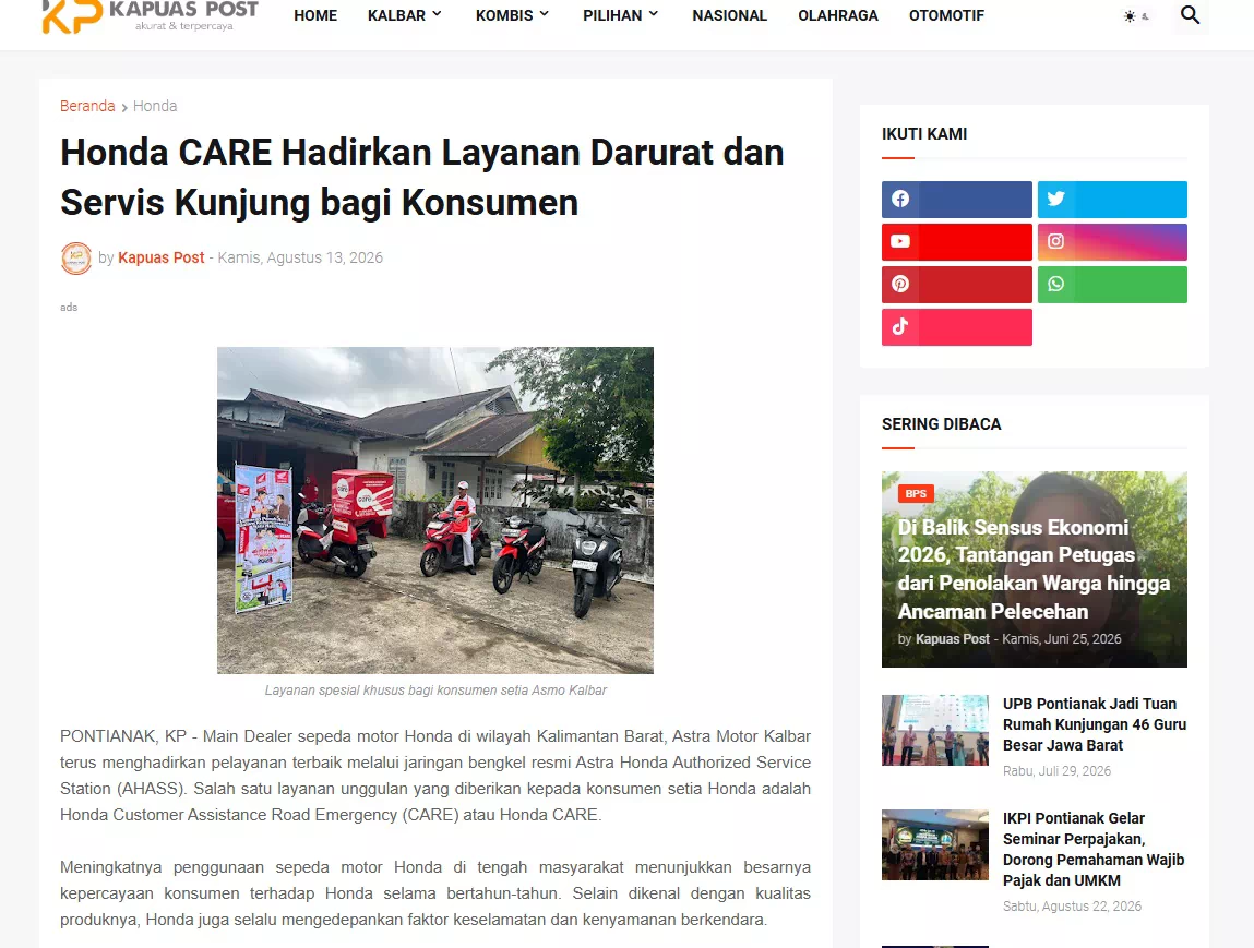 Honda CARE Hadirkan Layanan Darurat dan Servis Kunjung bagi Konsumen