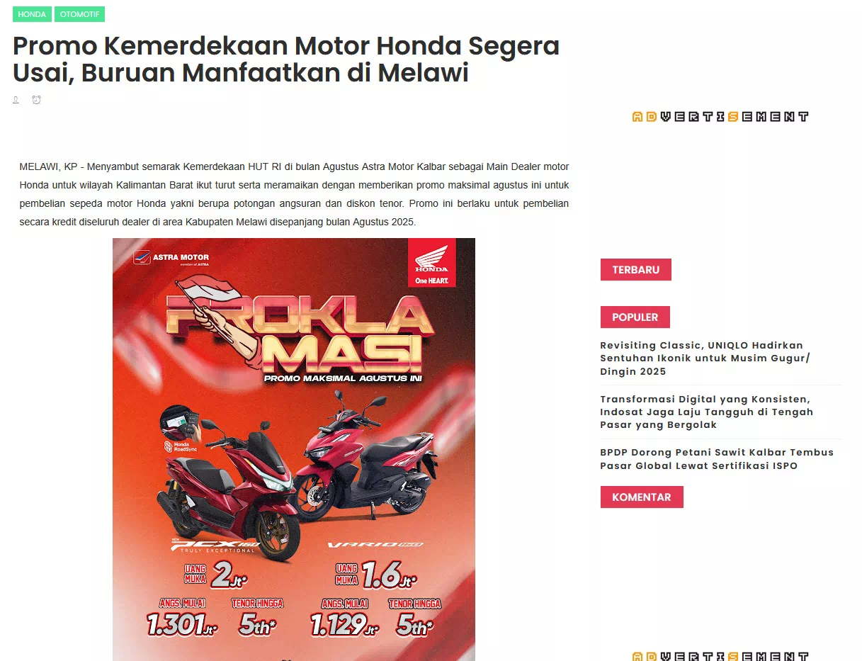 Promo Kemerdekaan Motor Honda Segera Usai, Buruan Manfaatkan di Melawi