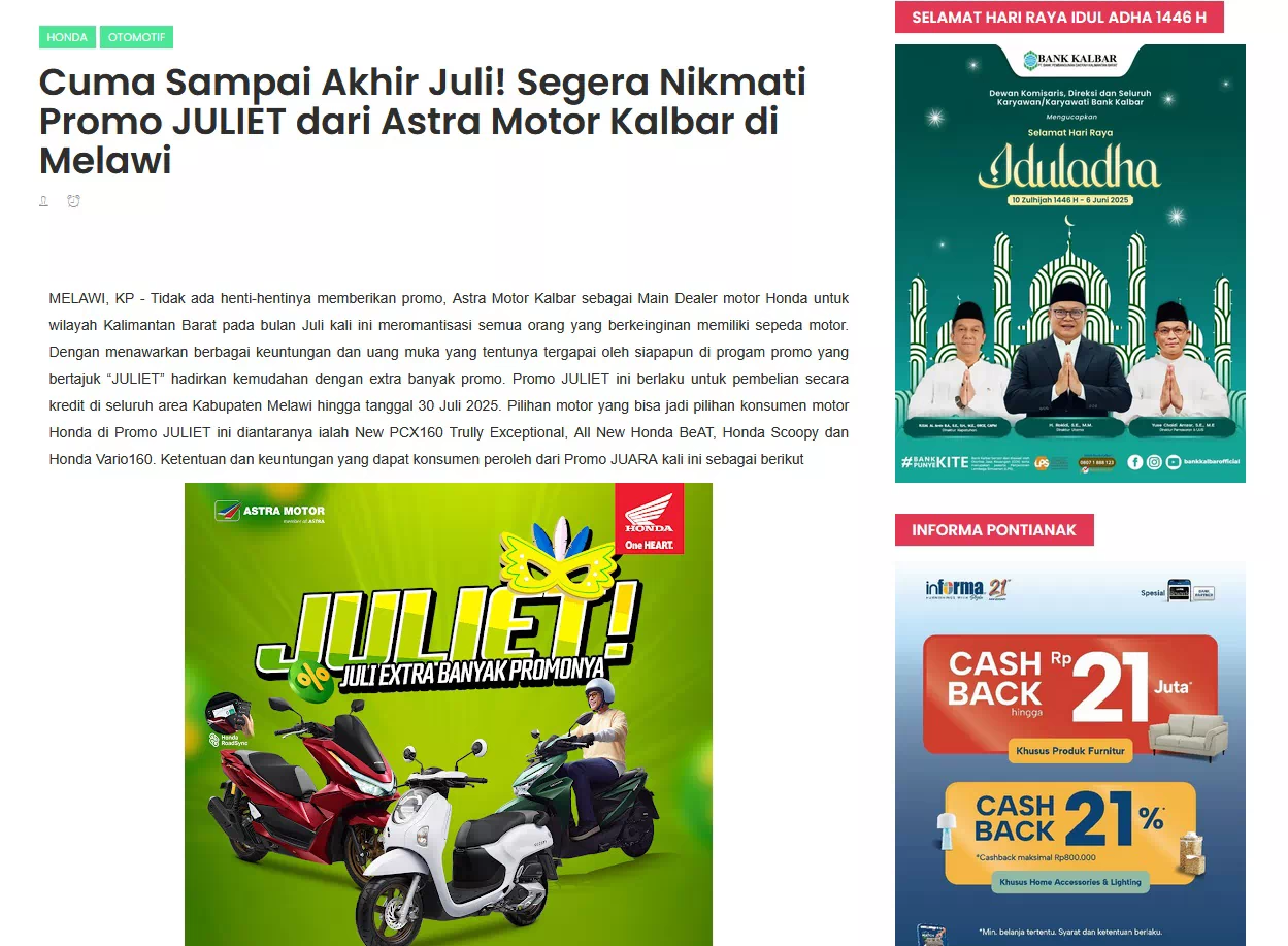 Cuma Sampai Akhir Juli! Segera Nikmati Promo JULIET dari Astra Motor Kalbar di Melawi