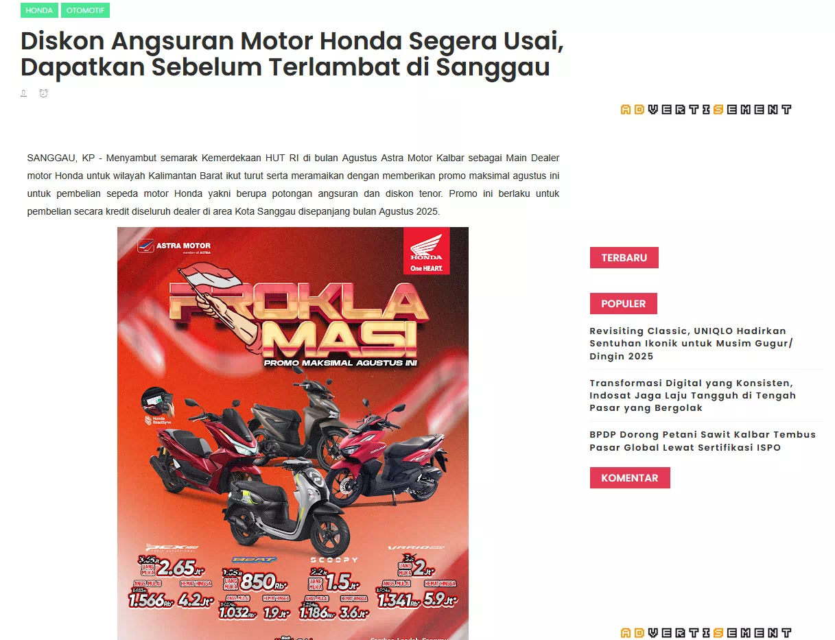 Diskon Angsuran Motor Honda Segera Usai, Dapatkan Sebelum Terlambat di Sanggau