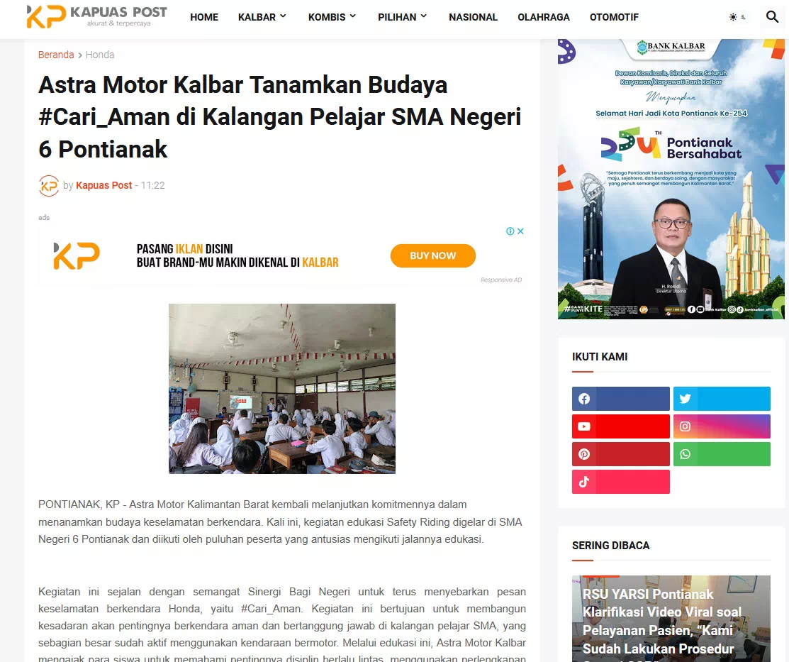 Astra Motor Kalbar Tanamkan Budaya #Cari_Aman di Kalangan Pelajar SMA Negeri 6 Pontianak