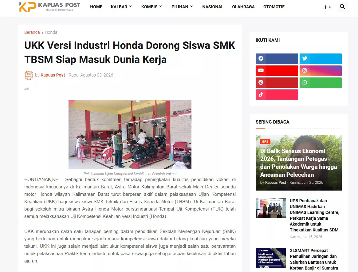 UKK Versi Industri Honda Dorong Siswa SMK TBSM Siap Masuk Dunia Kerja