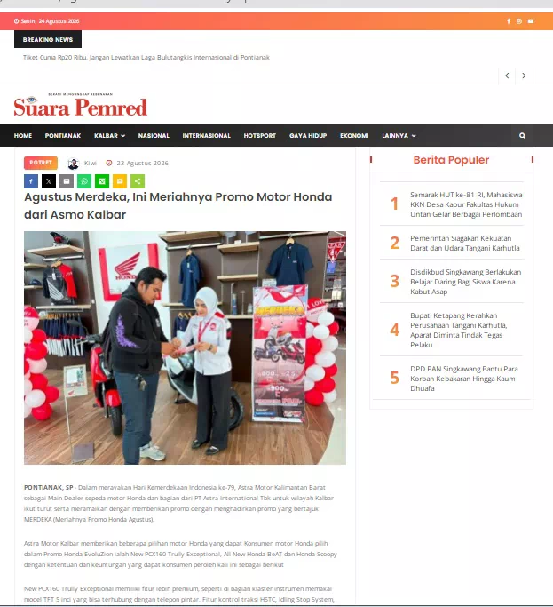 Agustus Merdeka, Ini Meriahnya Promo Motor Honda dari Asmo Kalbar