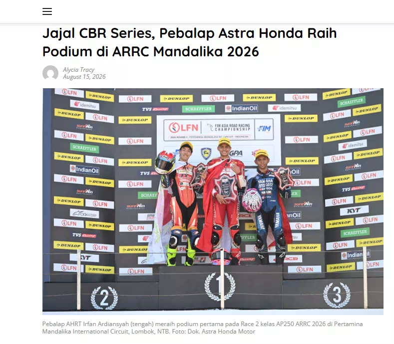 Jajal CBR Series, Pebalap Astra Honda Raih Podium di ARRC Mandalika 2026
