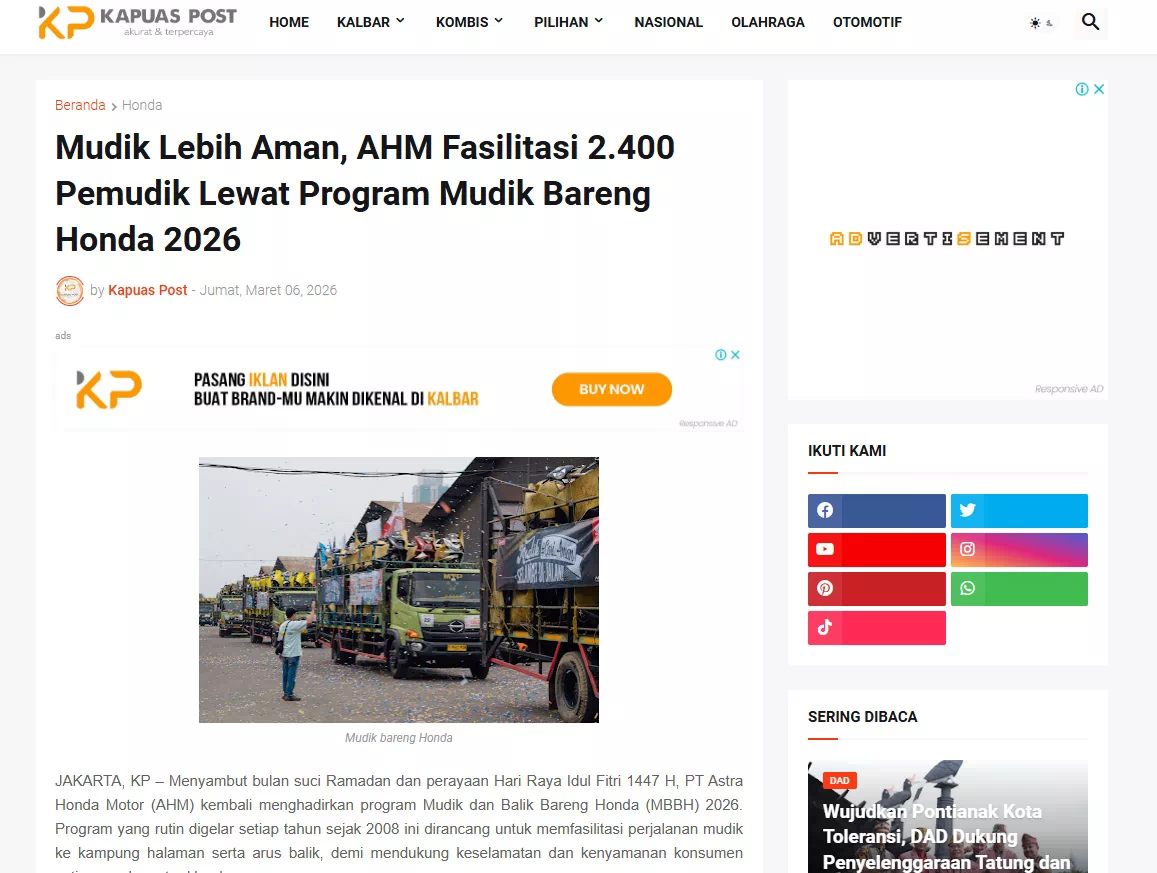 Mudik Lebih Aman, AHM Fasilitasi 2.400 Pemudik Lewat Program Mudik Bareng Honda 2026