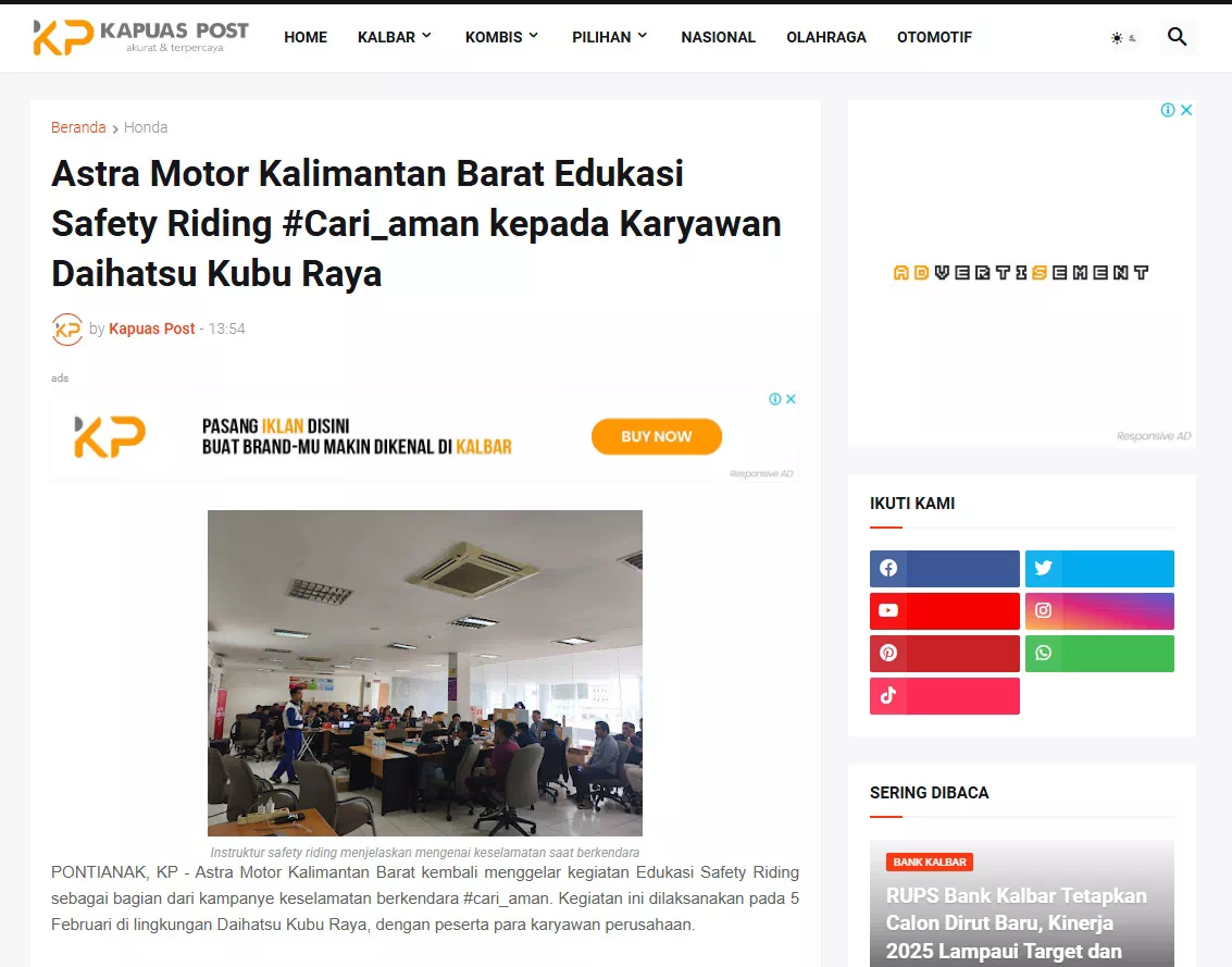 Astra Motor Kalimantan Barat Edukasi Safety Riding #Cari_aman kepada Karyawan Daihatsu Kubu Raya
