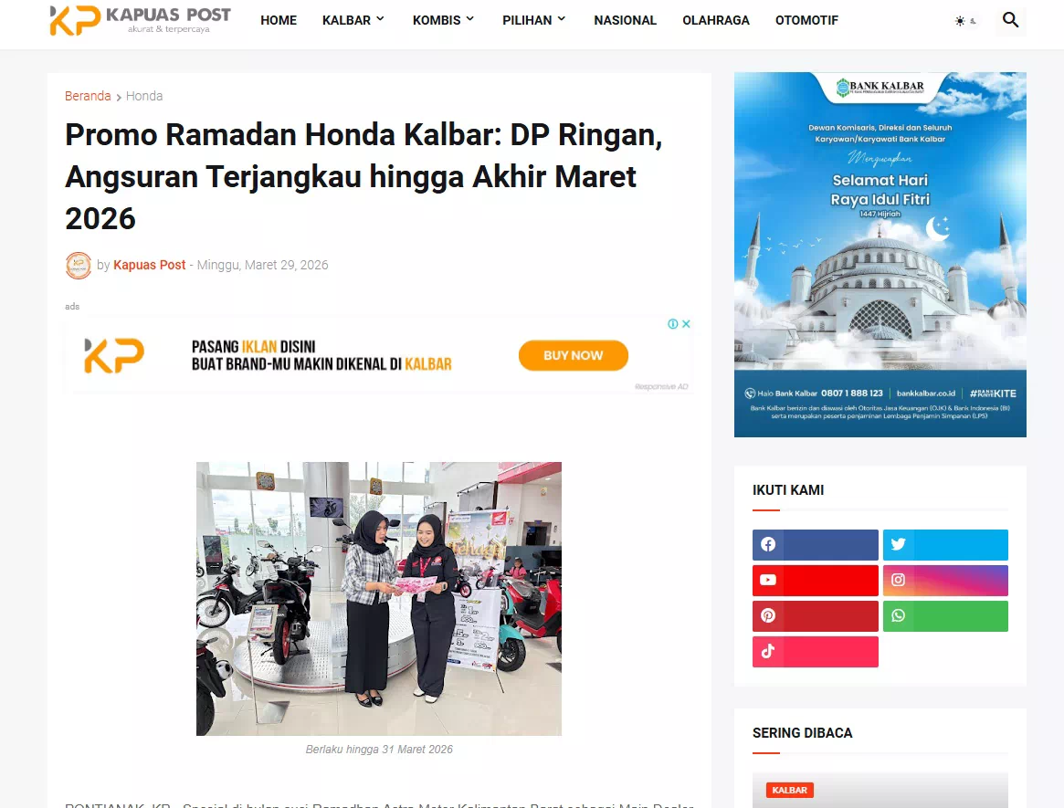 Promo Ramadan Honda Kalbar: DP Ringan, Angsuran Terjangkau hingga Akhir Maret 2026