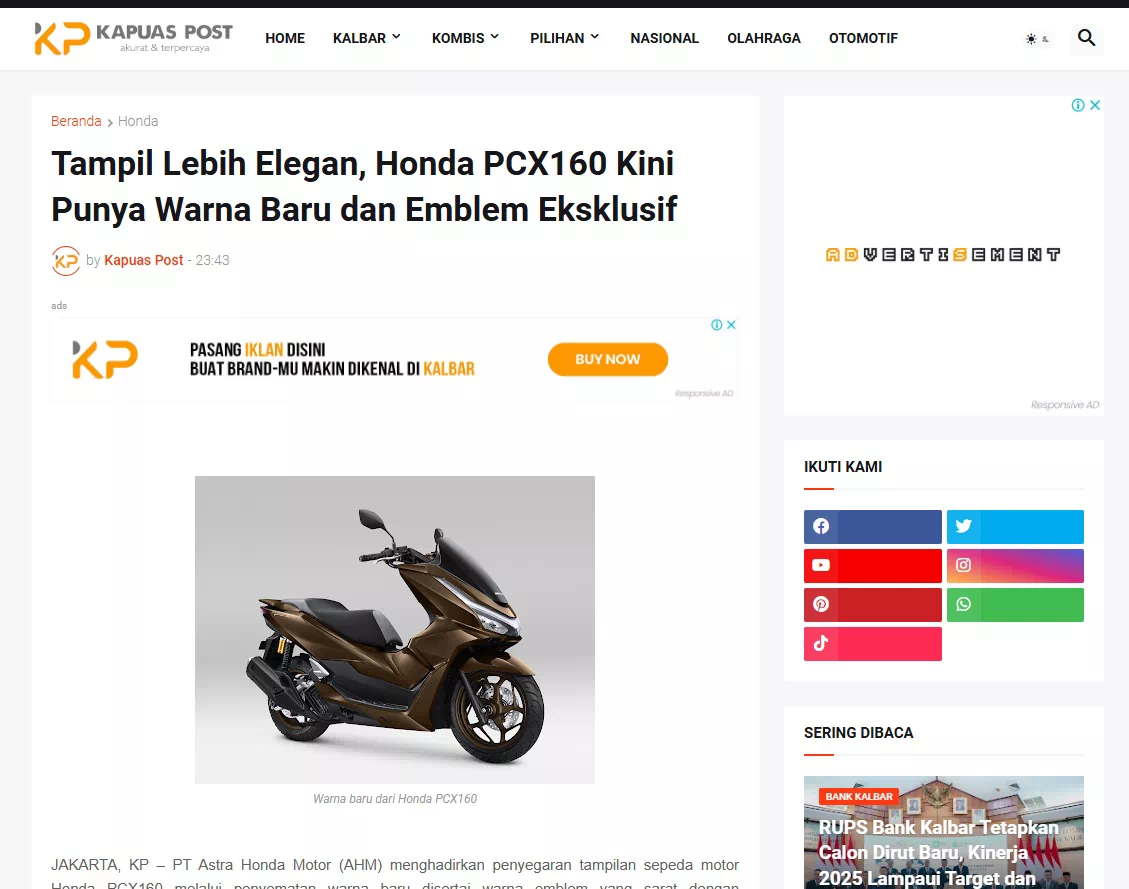 Tampil Lebih Elegan, Honda PCX160 Kini Punya Warna Baru dan Emblem Eksklusif