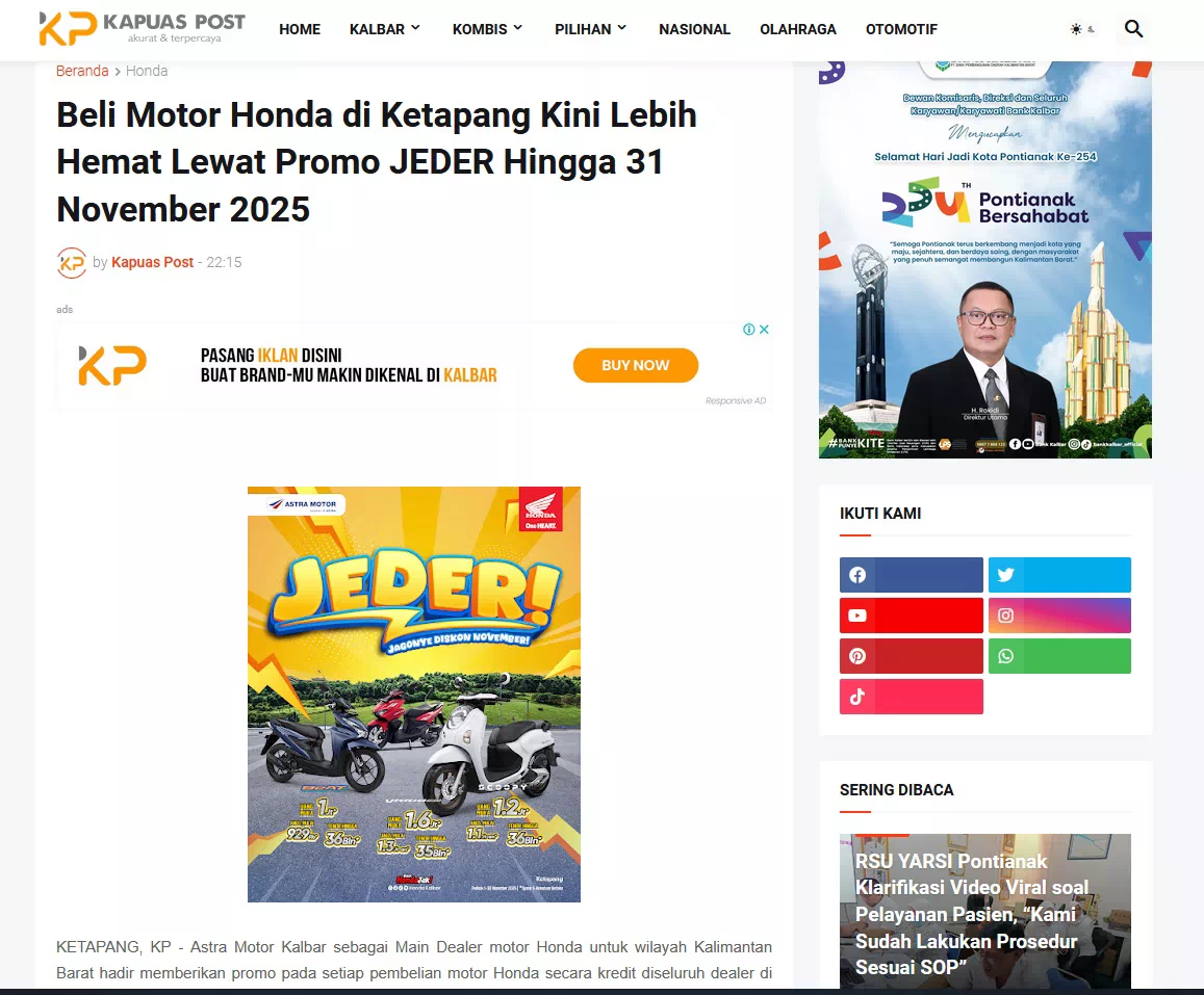 Beli Motor Honda di Ketapang Kini Lebih Hemat Lewat Promo JEDER Hingga 31 November 2025