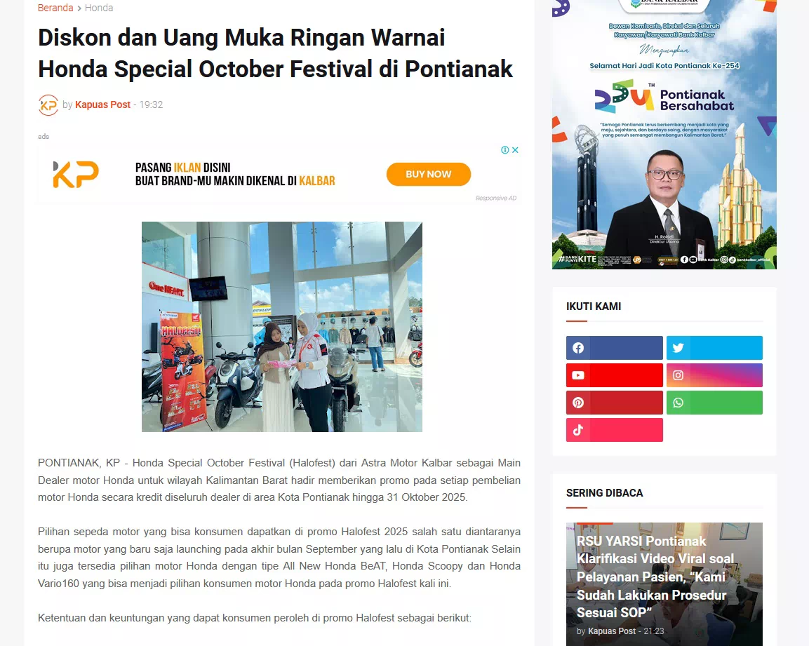 Diskon dan Uang Muka Ringan Warnai Honda Special October Festival di Pontianak