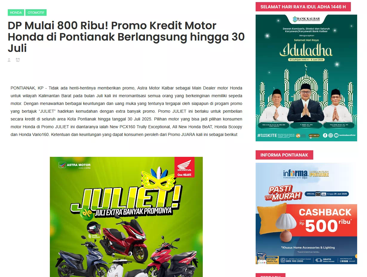DP Mulai 800 Ribu! Promo Kredit Motor Honda di Pontianak Berlangsung hingga 30 Juli