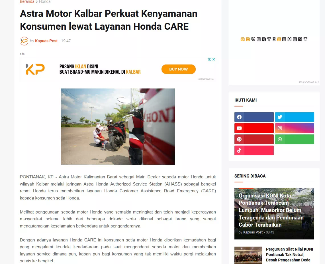 Astra Motor Kalbar Perkuat Kenyamanan Konsumen lewat Layanan Honda CARE