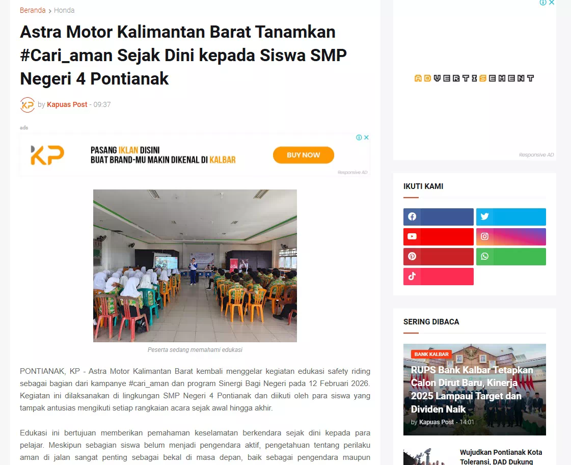 Astra Motor Kalimantan Barat Tanamkan #Cari_aman Sejak Dini kepada Siswa SMP Negeri 4 Pontianak