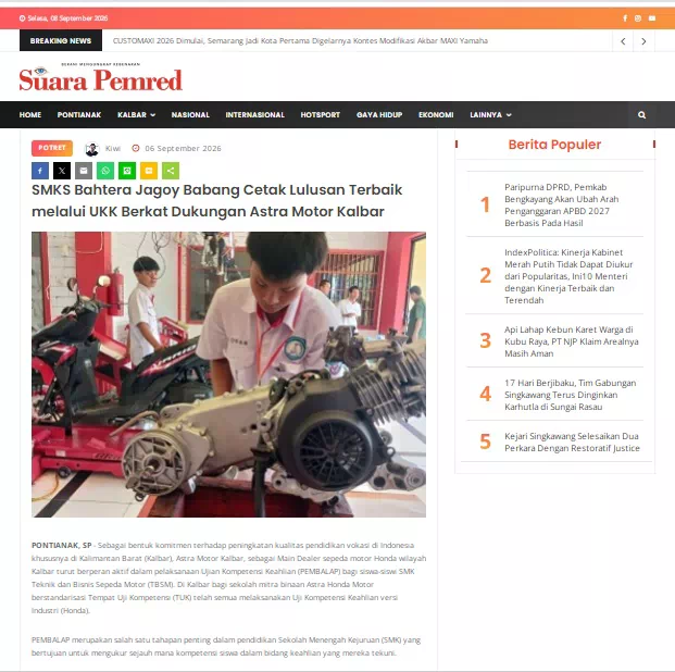 SMKS Bahtera Jagoy Babang Cetak Lulusan Terbaik melalui UKK Berkat Dukungan Astra Motor Kalbar