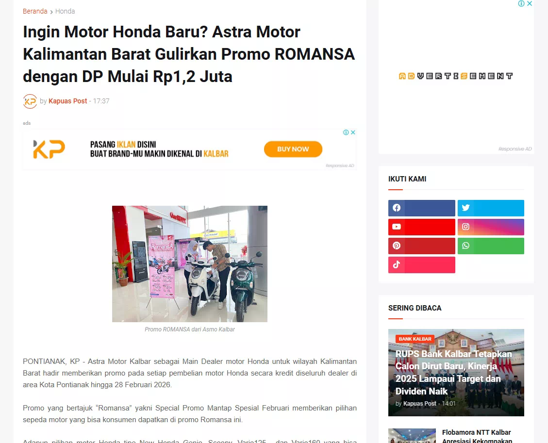 Ingin Motor Honda Baru? Astra Motor Kalimantan Barat Gulirkan Promo ROMANSA dengan DP Mulai Rp1,2 Juta