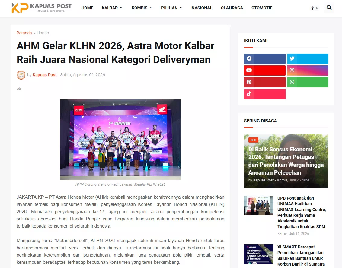 AHM Gelar KLHN 2026, Astra Motor Kalbar Raih Juara Nasional Kategori Deliveryman