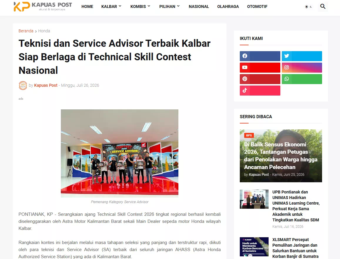 Teknisi dan Service Advisor Terbaik Kalbar Siap Berlaga di Technical Skill Contest Nasional