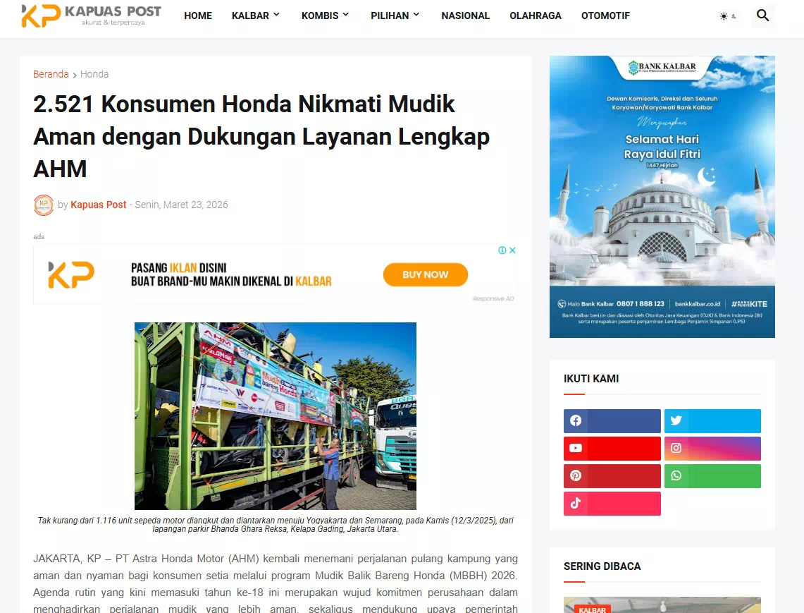 2.521 Konsumen Honda Nikmati Mudik Aman dengan Dukungan Layanan Lengkap AHM
