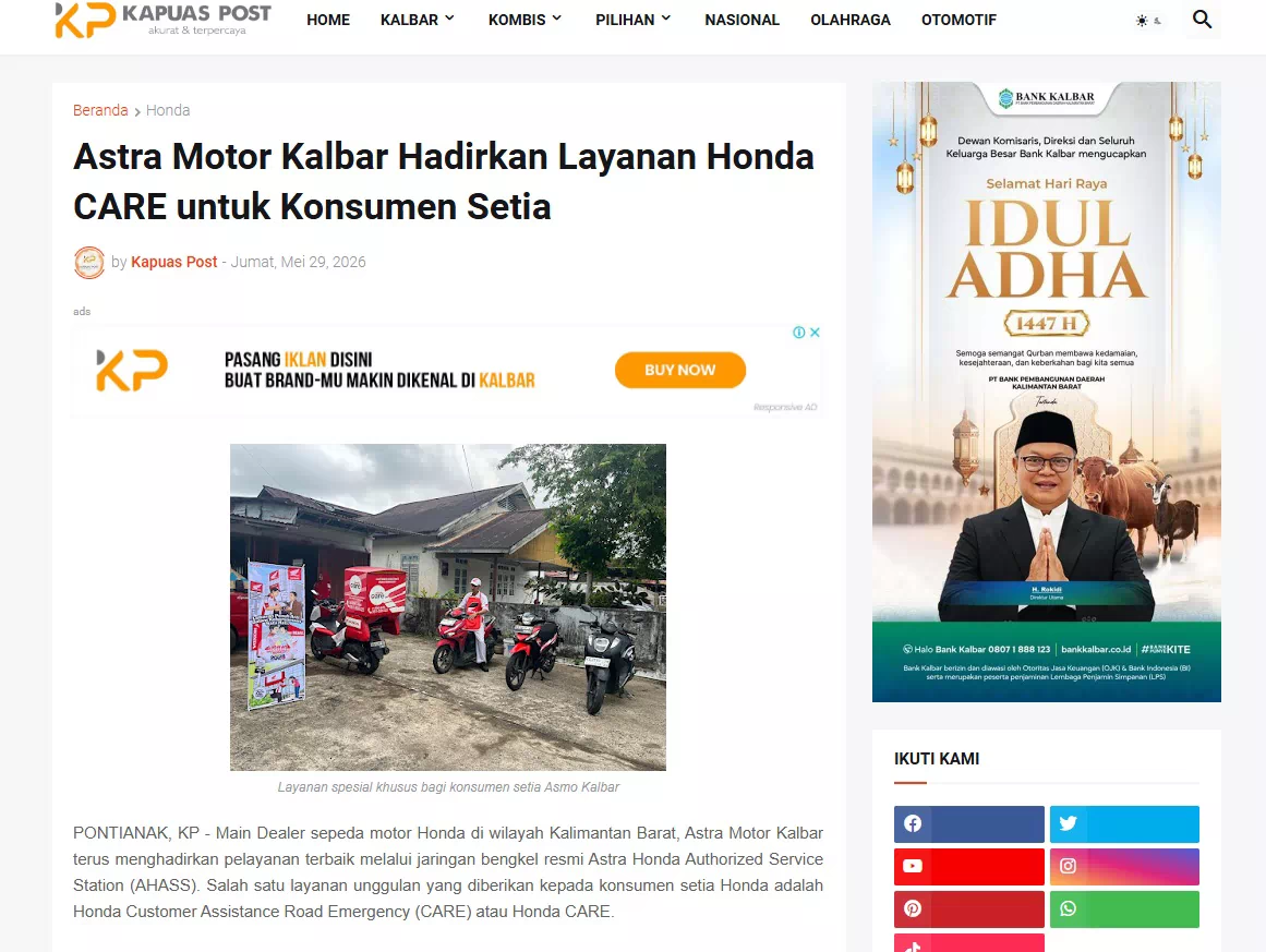 Astra Motor Kalbar Hadirkan Layanan Honda CARE untuk Konsumen Setia