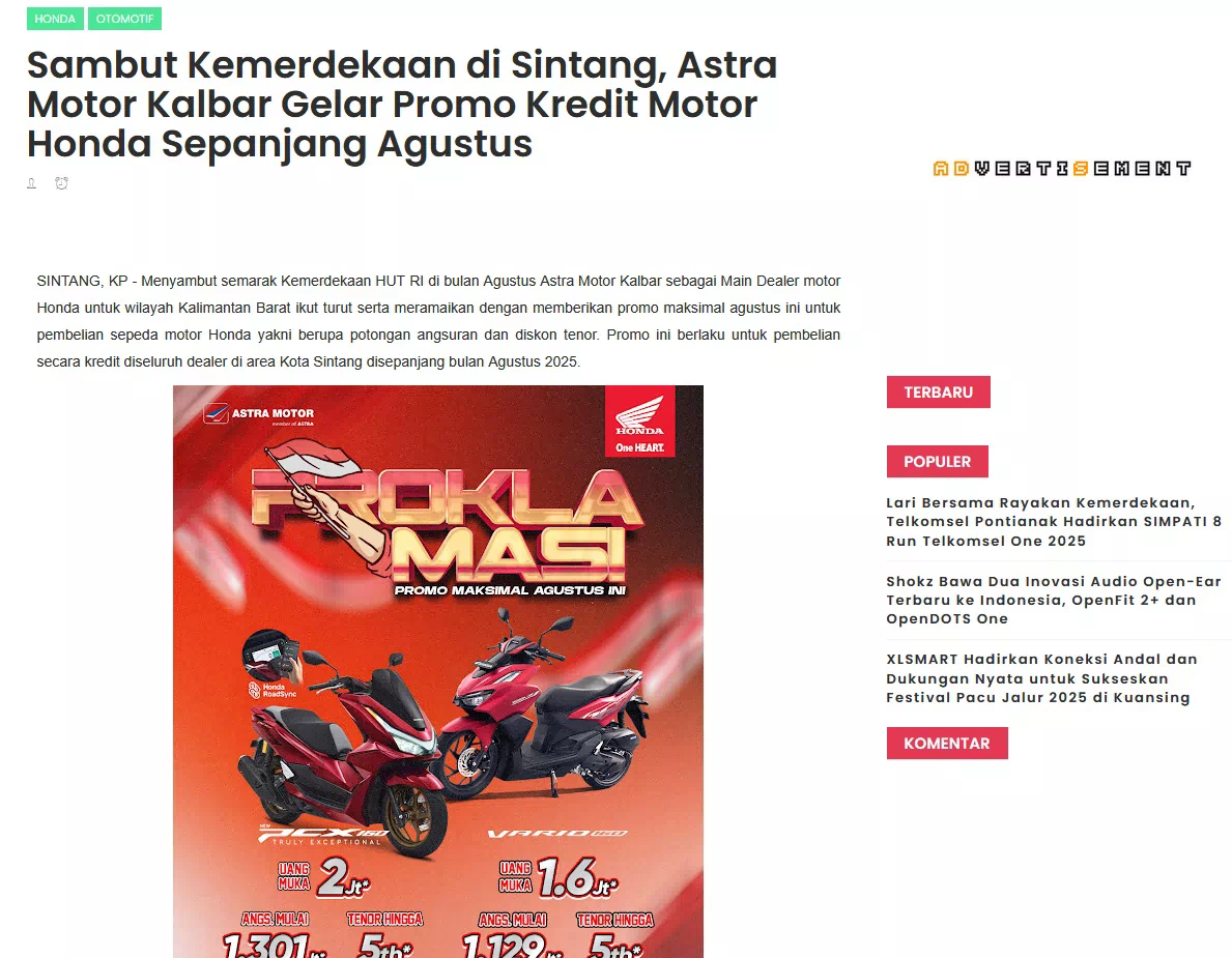 Sambut Kemerdekaan di Sintang, Astra Motor Kalbar Gelar Promo Kredit Motor Honda Sepanjang Agustus