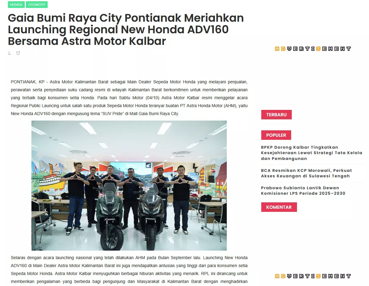 Gaia Bumi Raya City Pontianak Meriahkan Launching Regional New Honda ADV160 Bersama Astra Motor Kalbar