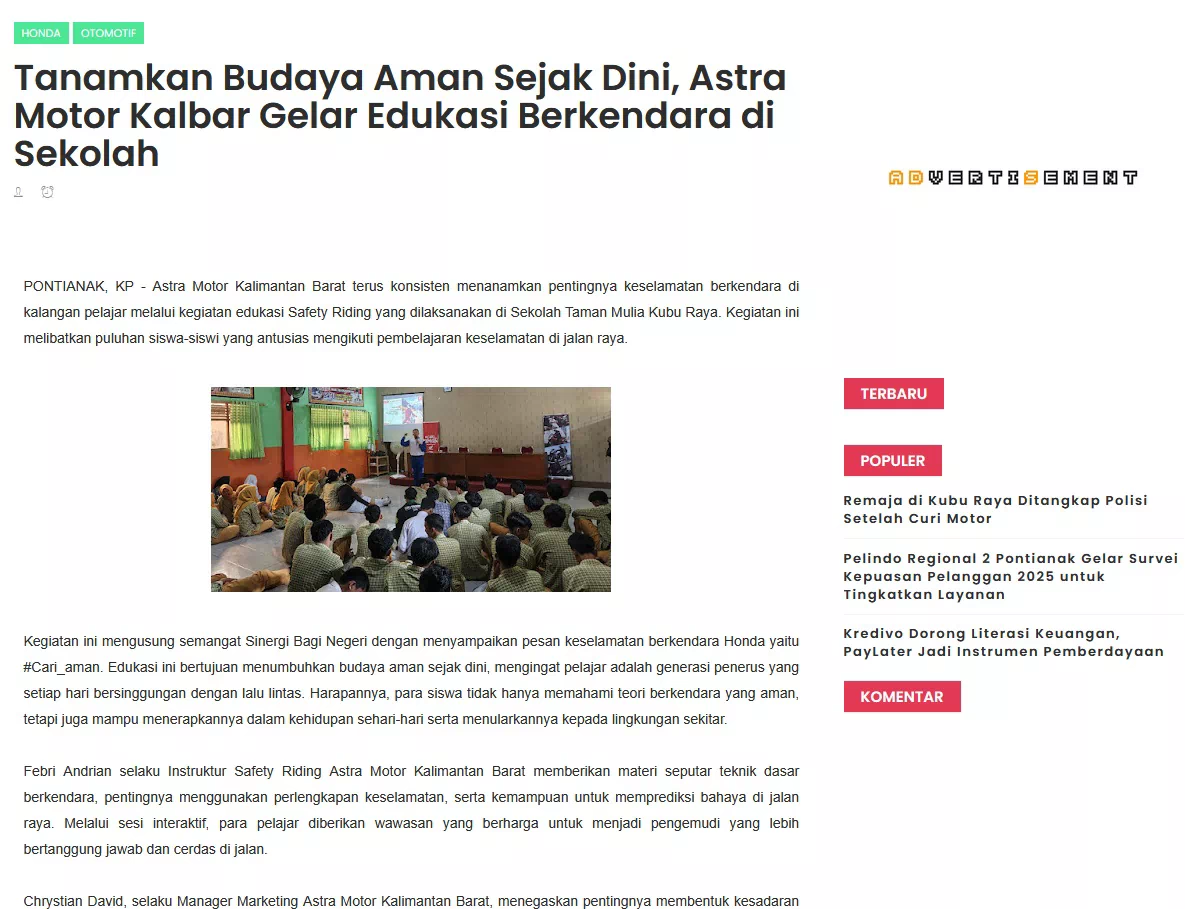 Tanamkan Budaya Aman Sejak Dini, Astra Motor Kalbar Gelar Edukasi Berkendara di Sekolah