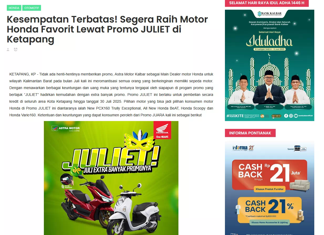 Kesempatan Terbatas! Segera Raih Motor Honda Favorit Lewat Promo JULIET di Ketapang