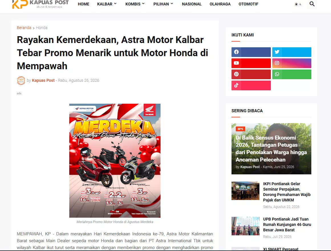 Rayakan Kemerdekaan, Astra Motor Kalbar Tebar Promo Menarik untuk Motor Honda di Mempawah