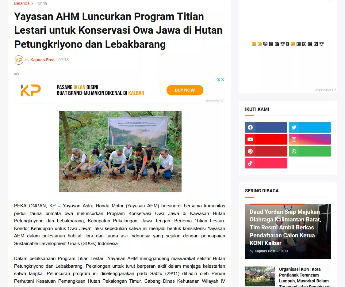 Yayasan AHM Luncurkan Program Titian Lestari untuk Konservasi Owa Jawa di Hutan Petungkriyono dan Lebakbarang