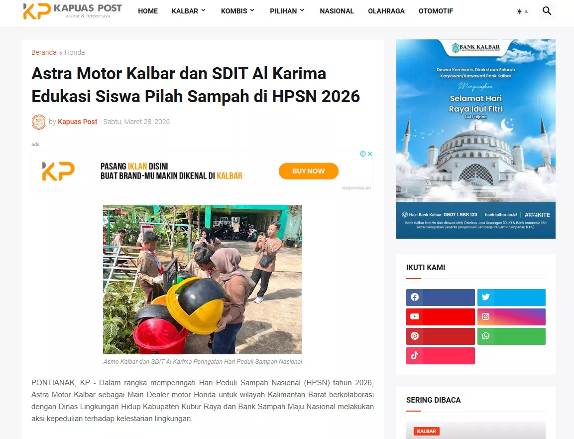 Astra Motor Kalbar dan SDIT Al Karima Edukasi Siswa Pilah Sampah di HPSN 2026