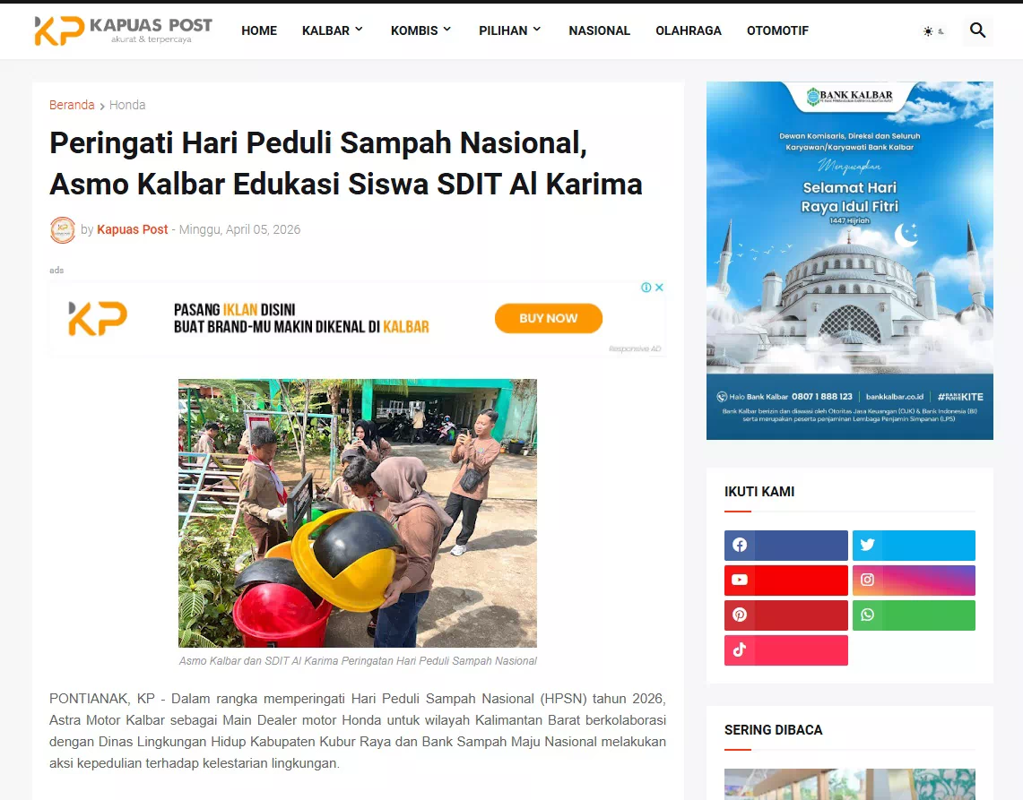 Peringati Hari Peduli Sampah Nasional, Asmo Kalbar Edukasi Siswa SDIT Al Karima