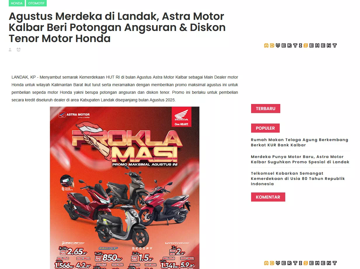 Agustus Merdeka di Landak, Astra Motor Kalbar Beri Potongan Angsuran &amp; Diskon Tenor Motor Honda