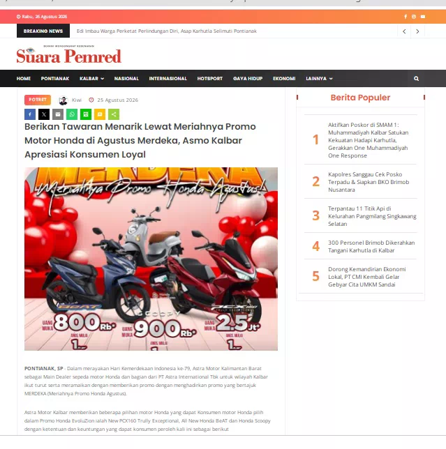 Berikan Tawaran Menarik Lewat Meriahnya Promo Motor Honda di Agustus Merdeka, Asmo Kalbar Apresiasi Konsumen Loyal