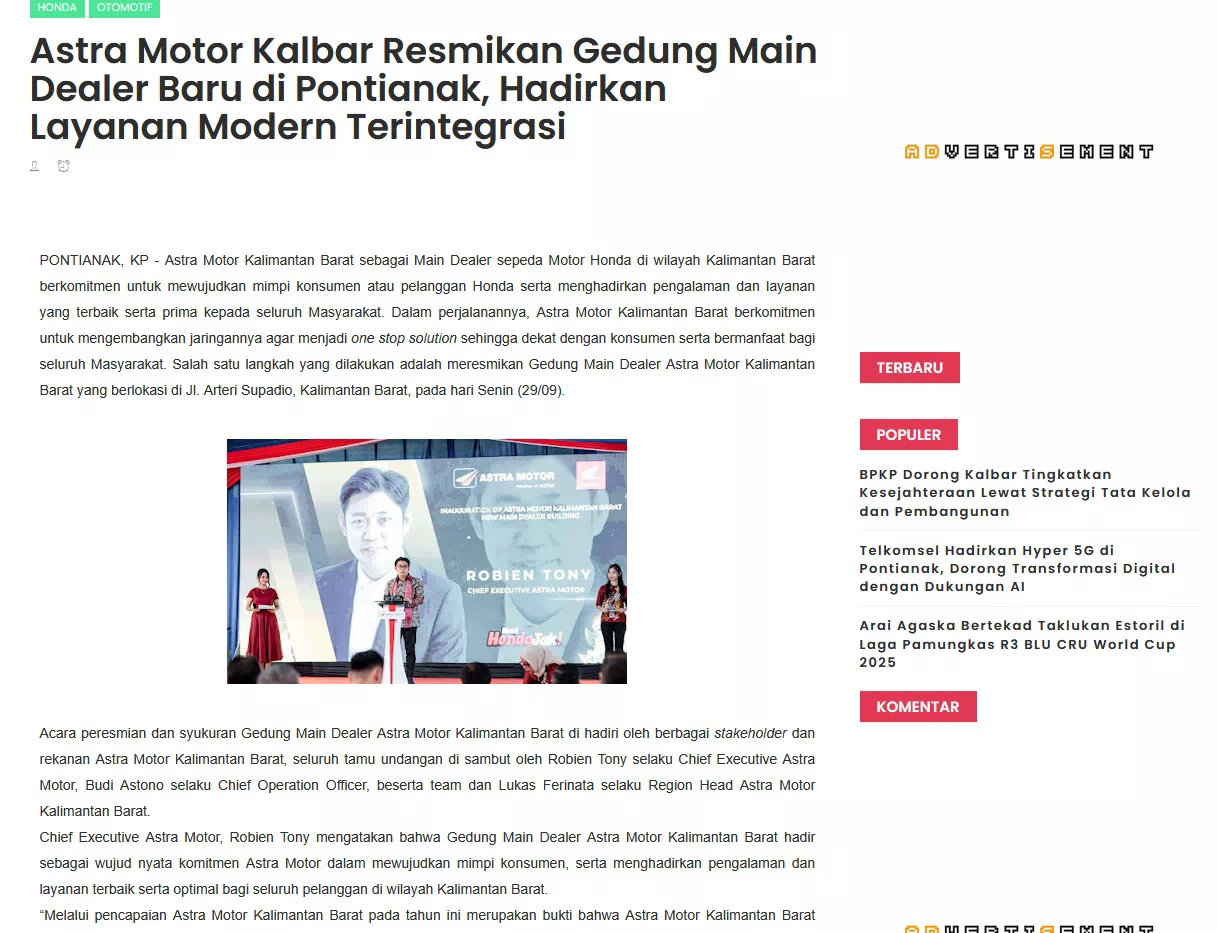 Astra Motor Kalbar Resmikan Gedung Main Dealer Baru di Pontianak, Hadirkan Layanan Modern Terintegrasi