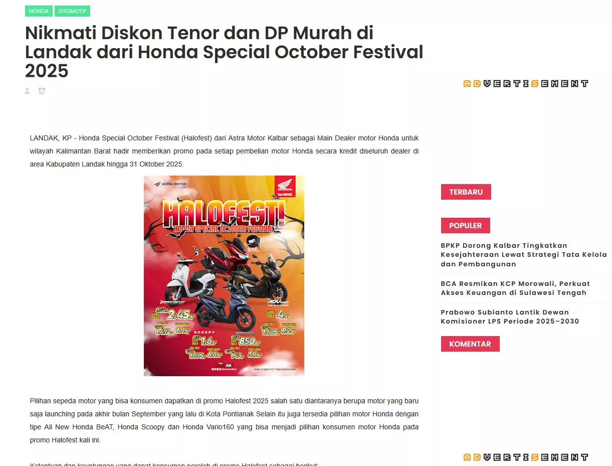 Nikmati Diskon Tenor dan DP Murah di Landak dari Honda Special October Festival 2025
