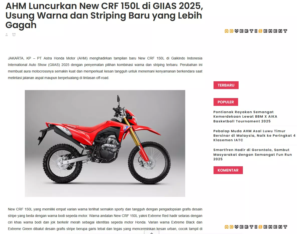 AHM Luncurkan New CRF 150L di GIIAS 2025, Usung Warna dan Striping Baru yang Lebih Gagah