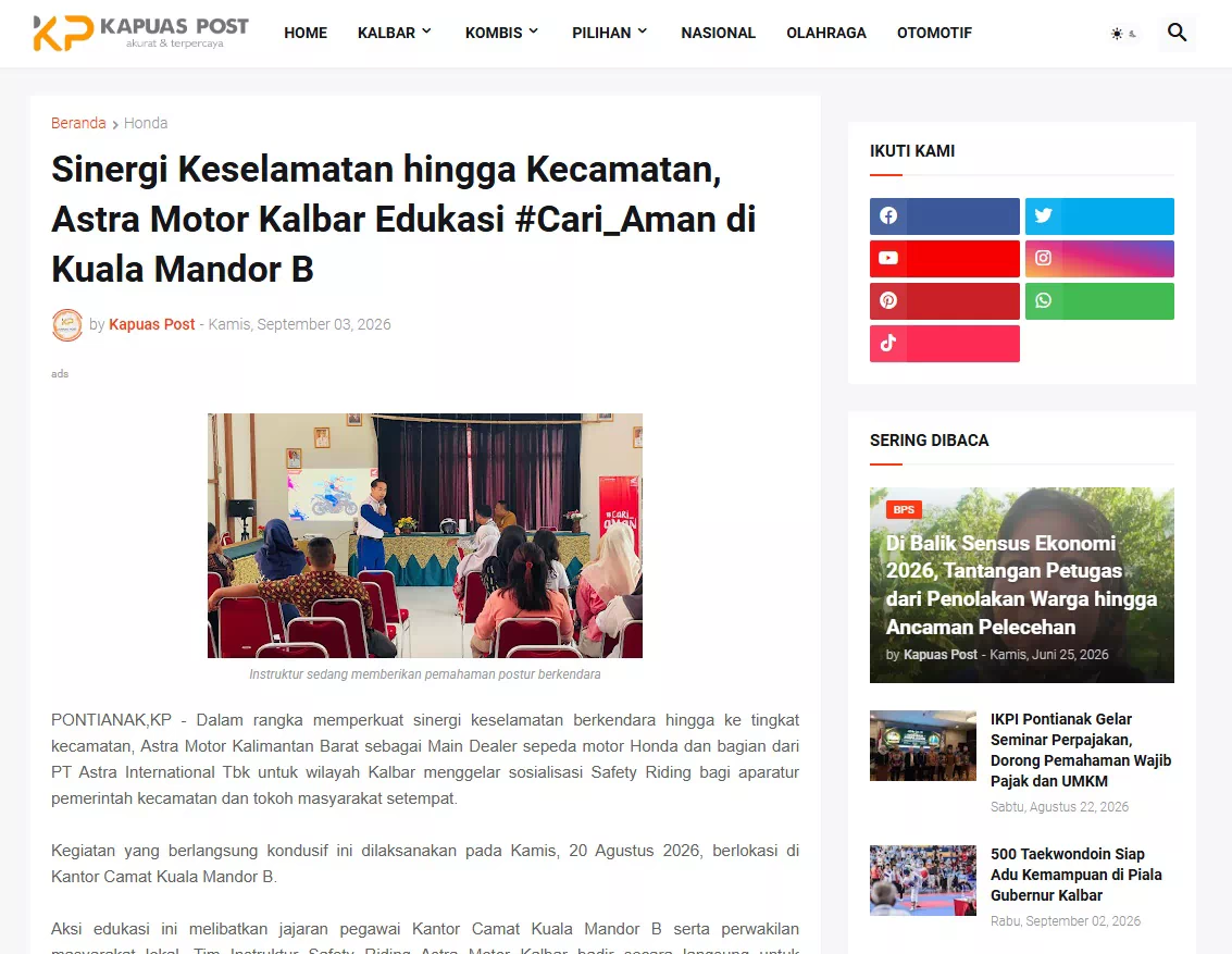 Sinergi Keselamatan hingga Kecamatan, Astra Motor Kalbar Edukasi #Cari_Aman di Kuala Mandor B
