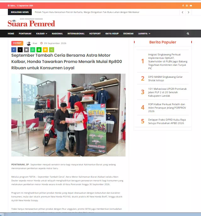 September Tambah Ceria Bersama Astra Motor Kalbar, Honda Tawarkan Promo Menarik Mulai Rp800 Ribuan untuk Konsumen Loyal