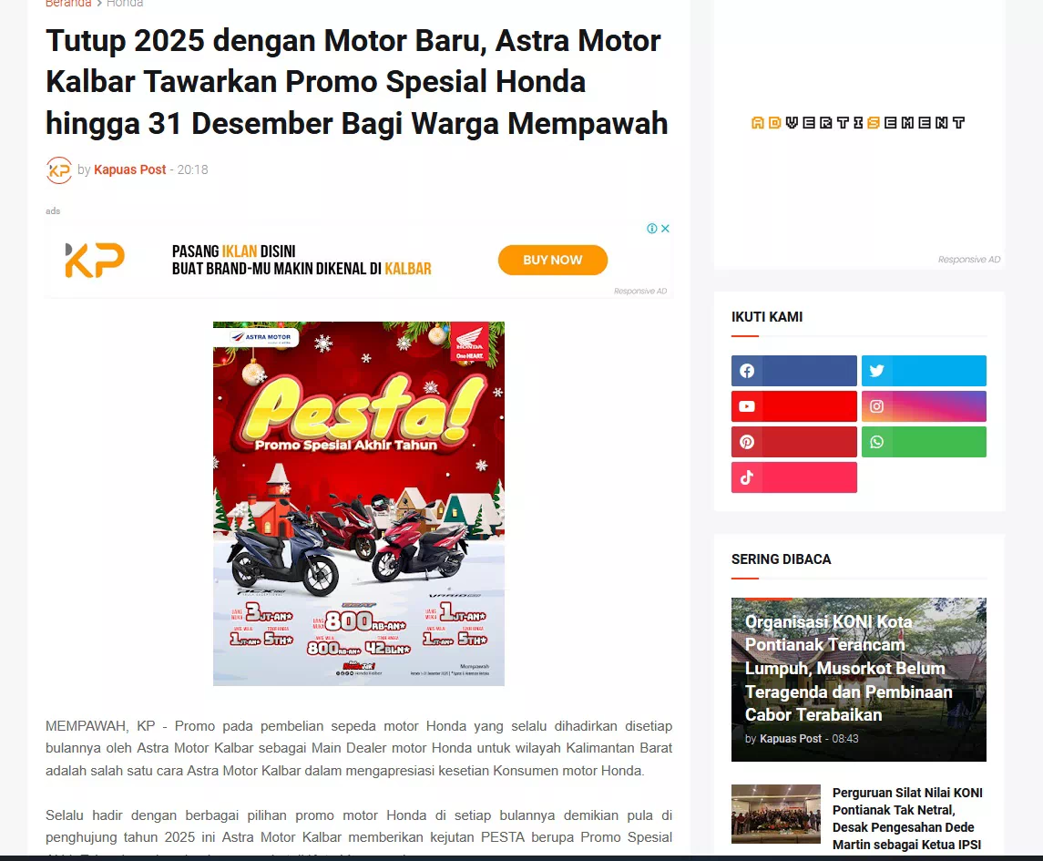 Tutup 2025 dengan Motor Baru, Astra Motor Kalbar Tawarkan Promo Spesial Honda hingga 31 Desember Bagi Warga Mempawah