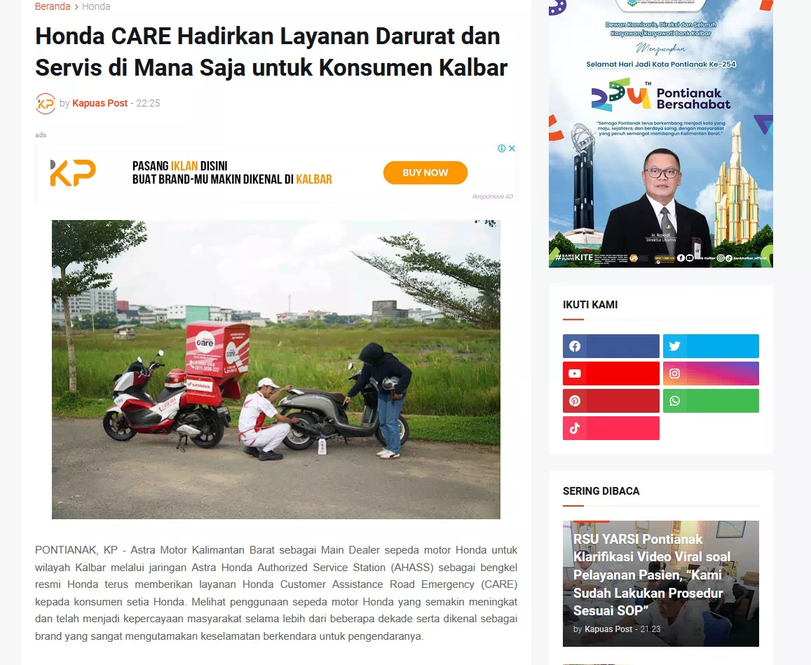 Honda CARE Hadirkan Layanan Darurat dan Servis di Mana Saja untuk Konsumen Kalbar