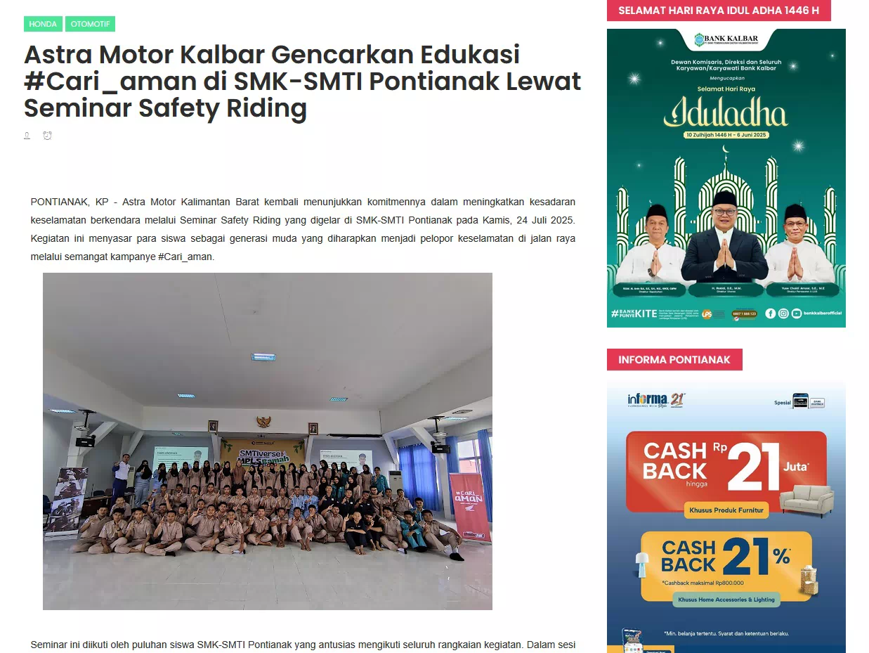 Astra Motor Kalbar Gencarkan Edukasi #Cari_aman di SMK-SMTI Pontianak Lewat Seminar Safety Riding