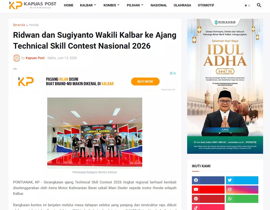 Ridwan dan Sugiyanto Wakili Kalbar ke Ajang Technical Skill Contest Nasional 2026