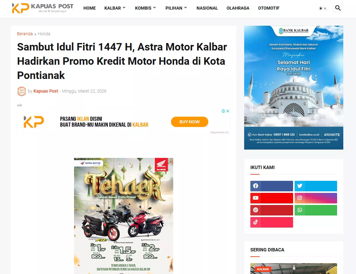 Sambut Idul Fitri 1447 H, Astra Motor Kalbar Hadirkan Promo Kredit Motor Honda di Kota Pontianak
