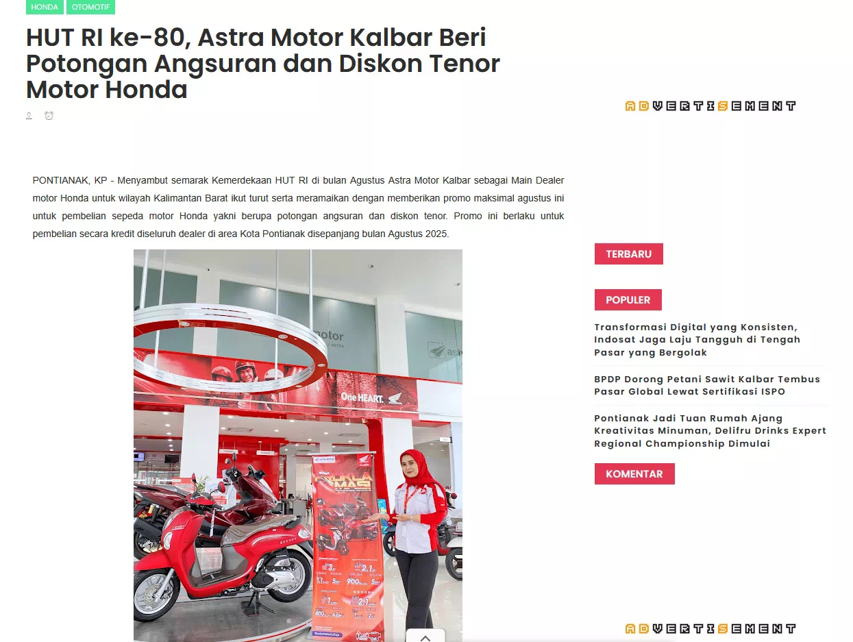 HUT RI ke-80, Astra Motor Kalbar Beri Potongan Angsuran dan Diskon Tenor Motor Honda