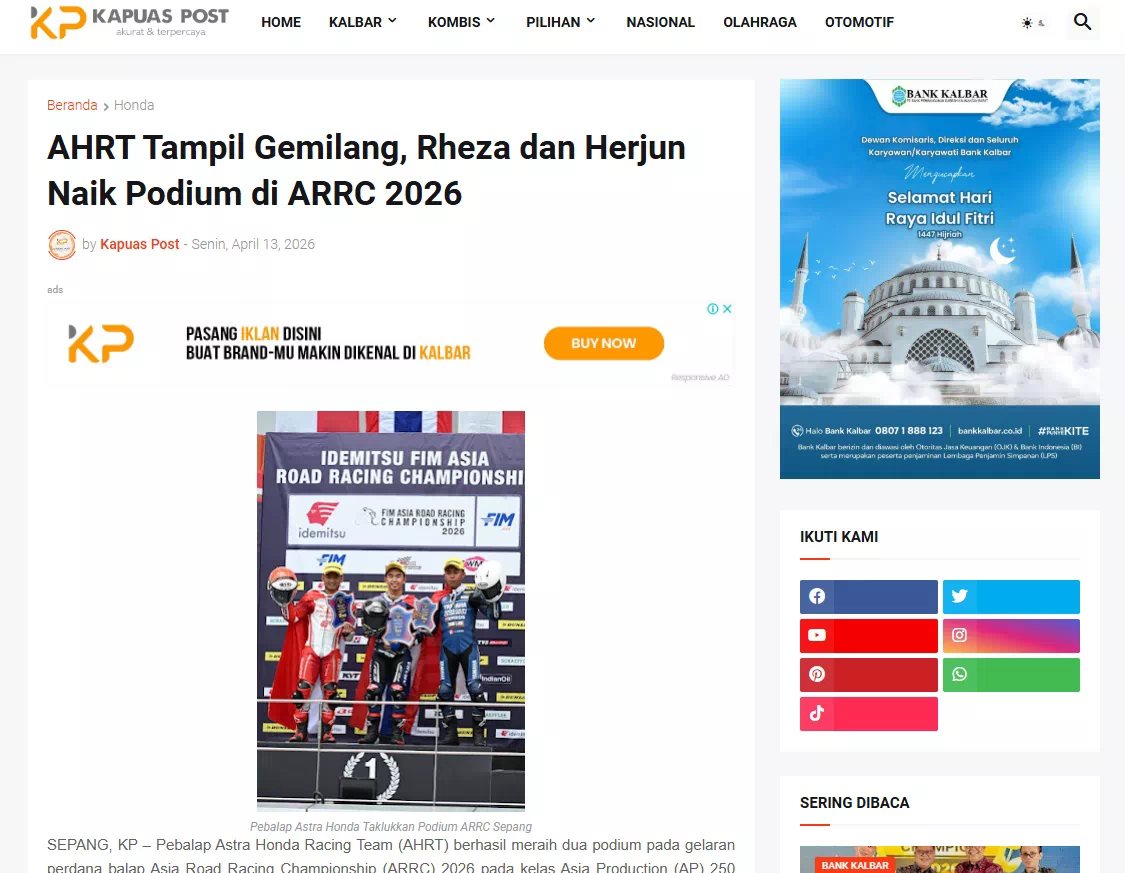 AHRT Tampil Gemilang, Rheza dan Herjun Naik Podium di ARRC 2026
