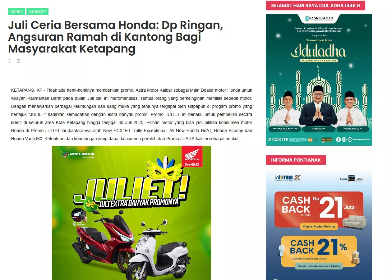 Juli Ceria Bersama Honda: Dp Ringan, Angsuran Ramah di Kantong Bagi Masyarakat Ketapang