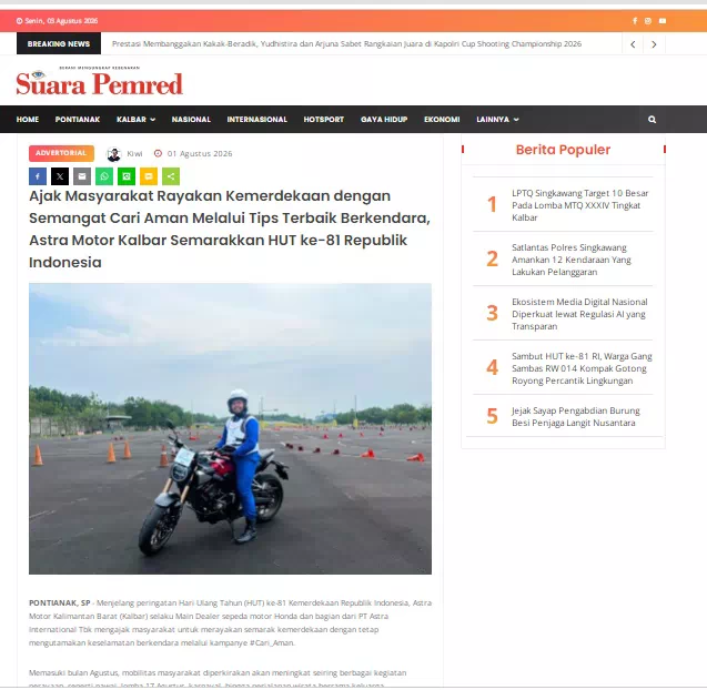 Ajak Masyarakat Rayakan Kemerdekaan dengan Semangat Cari Aman Melalui Tips Terbaik Berkendara, Astra Motor Kalbar Semarakkan HUT ke-81 Republik Indonesia