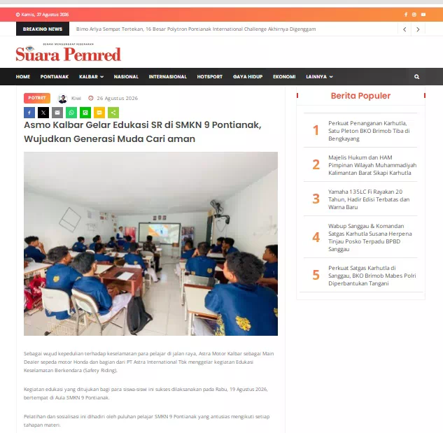 Asmo Kalbar Gelar Edukasi SR di SMKN 9 Pontianak, Wujudkan Generasi Muda Cari aman